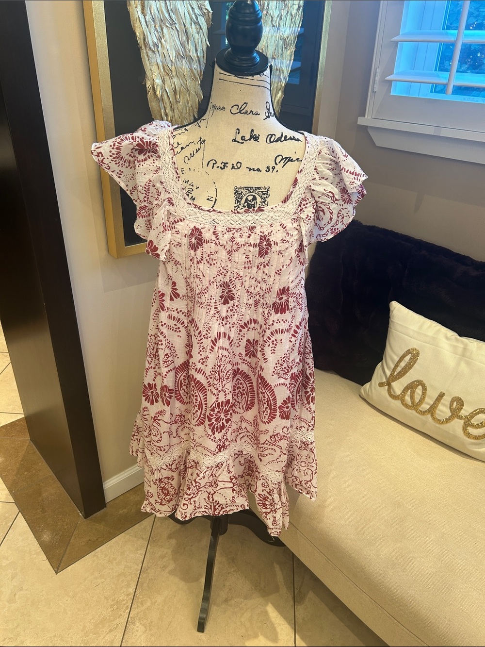 Anthropologie White and Burgundy Paisley Square-Neck Mini Dress